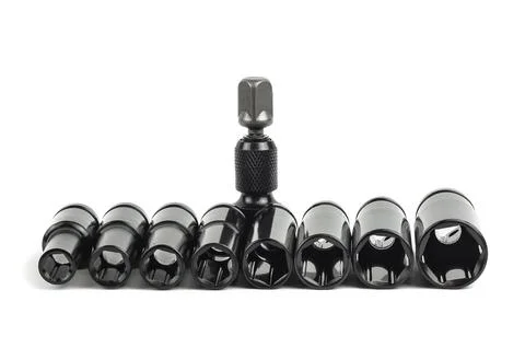 Top view of a set of chrome vanadium sockets for a ratchet, wrench, or span.. Stock Photos