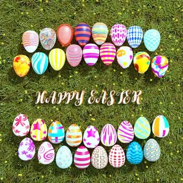 Top view of set of colorful easter eggs place on green grass Stock Illustration