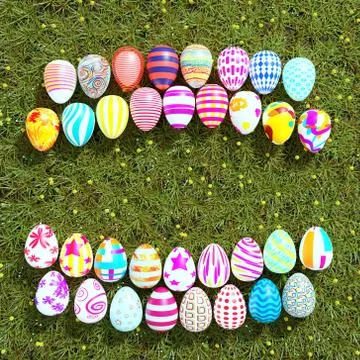 Top view of set of colorful easter eggs place on green grass . Stock Illustration