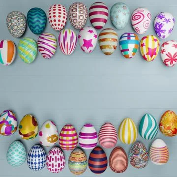 Top view of  set of colorful easter eggs place light blue wooden background w Stock Illustration