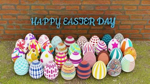 Top view of set of colorful easter eggs place on ground with green grass and Stock Illustration