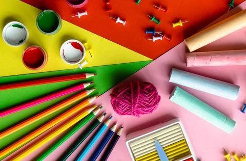 Top view of a set for creativity and learning on a colorful background: penci Stock Photos
