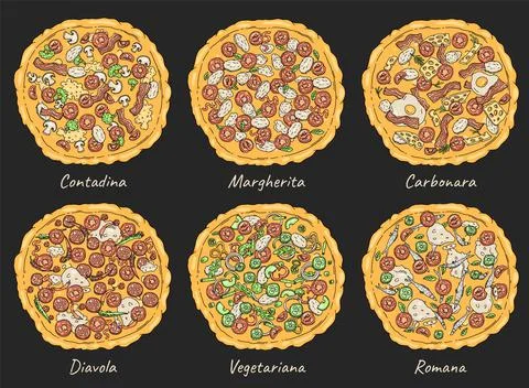 Top view of set of different Italian pizzas with salami, tomatoes, cheese Stock Illustration