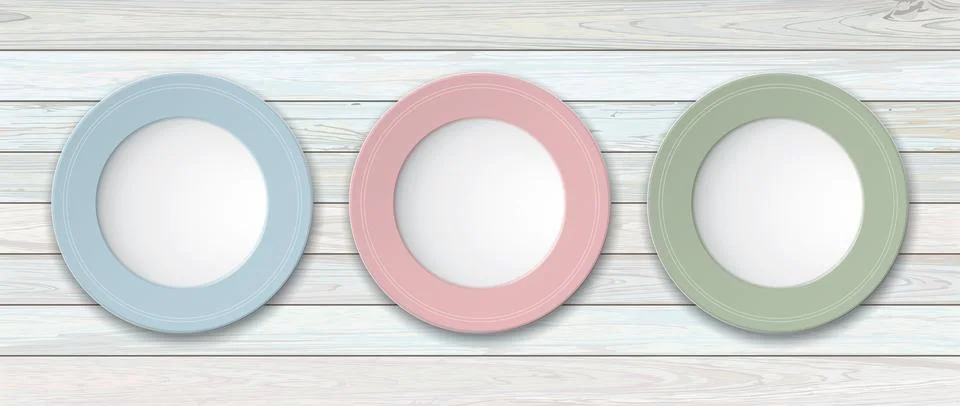Top view set of empty pastel dish placed on cut timber panels table backgro.. Stock Illustration