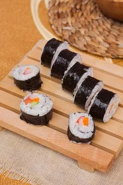 Top view a set of fresh and cheap Korean gimbap or kimbab rolls Stock Photos