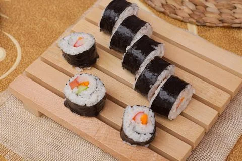 Top view a set of fresh and cheap Korean gimbap or kimbab rolls Stock Photos