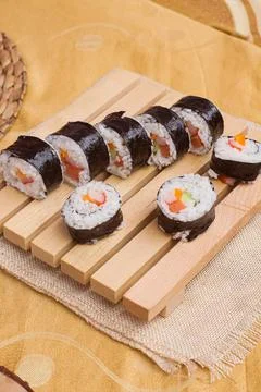 Top view a set of fresh and cheap Korean gimbap or kimbab rolls Stock Photos