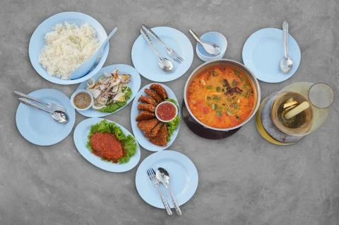 Top view set of many plates with asian food Stock Photos