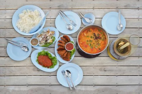 Top view set of many plates with asian food Stock Photos