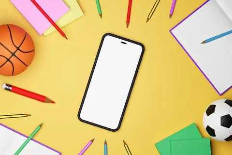 Top view of a set of school supplies and mobile phone on yellow background. 3 Illustrazione stock