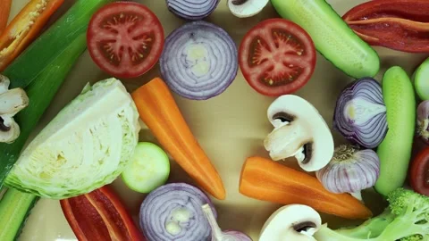 Top view, set of sliced vegetables Stock Footage 135836686