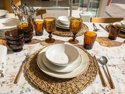 Top view to set up table with vintage ceramic dishes Stock Photos