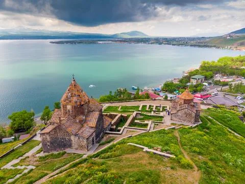 Top View Sevanavank Monastery dramatic sky at sunset, Armenia 스톡 사진