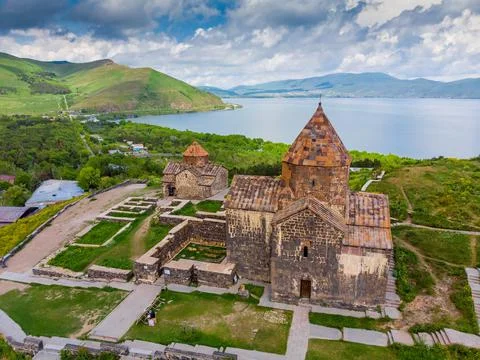 Top View Sevanavank Monastery dramatic sky at sunset, Armenia Stock Photos