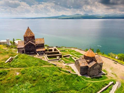 Top View Sevanavank Monastery dramatic sky at sunset, Armenia Stock Photos