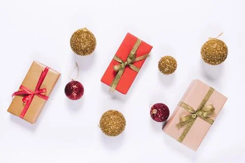 Top view of several gift boxes in wrapping paper with ribbon Stock Photos