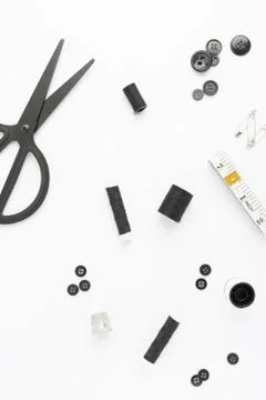 Top view sewing accessories with scissors Photo Stock Photos