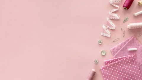 Top view of sewing essentials with measuring tape Stock Photos
