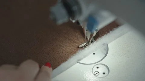 Top view of sewing process on professional sewing machine in upholstered 库存影片 150559861