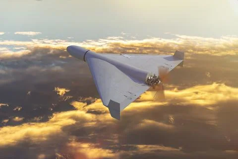 Top view, Shahed combat drone attack, evening sky and bolaca, flying over the gr 스톡 사진