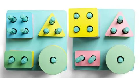 Top view of a shape sorting toy made of painted wood on a light blue backgr.. Stock Photos