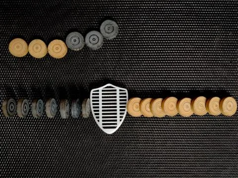Top view Of Shield Security Icon Stopping black coins from falling. As white Stock Photos