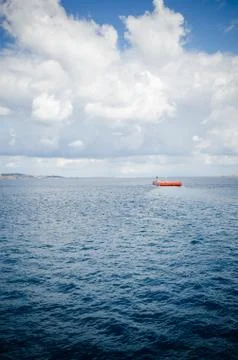 Top view of a ship sailing in the open sea. Stock Photos