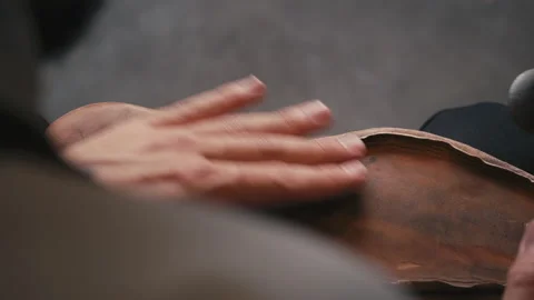 Top view shoemaker taps sole shoes with hammer. Workshop for production shoes Video stock 138307143