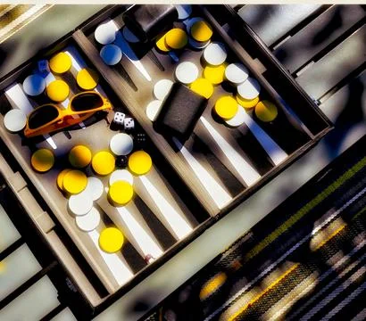 Top view of Short backgammon board game with sunglasses and dice Stock Photos