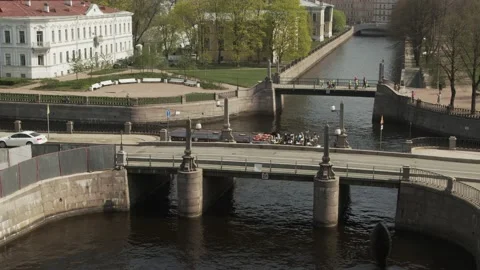 Top view shot of bridge and boats moving and people walking, gimbal shot 스톡 동영상 159876834