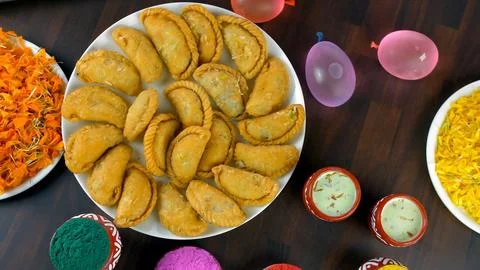 Top view shot of a decorated table for the joyful Holi festival celebrated in... Stock Photos