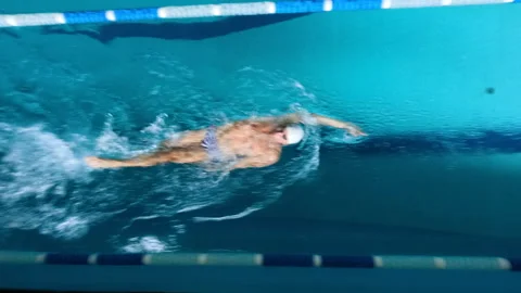 Top view shot of man swimming back crawl in indoor pool lane Stock Footage 346546008