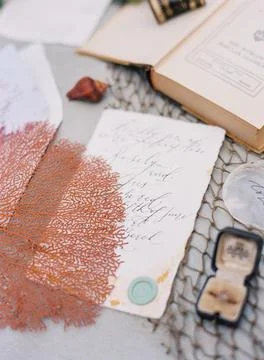 Top view shot of wedding invitation drafts with DIY Copper Mesh and blur book an Stock Photos