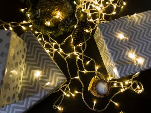 Top view of silver gift boxes, Christmas decoration 写真素材