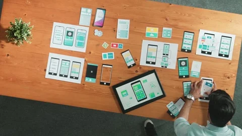 Top view of skilled developer walking and placing Ux Ui software. Convocation. Stock Footage 267613839