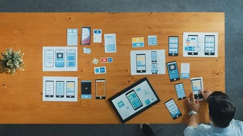 Top view of skilled developer walking and placing Ux Ui software. Convocation. Stock Photos