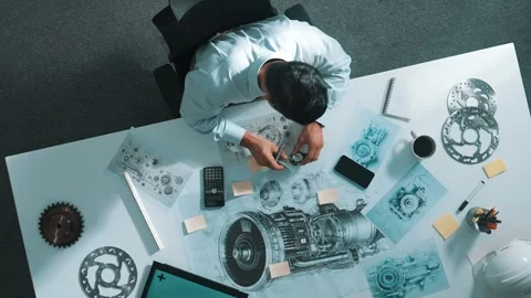 Top view of skilled engineer writing and planning engine design. Alimentation. Video stock 269547857