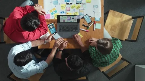 Top view of skilled manager using laptop working on Ux Ui design. Convocation. Stock Footage 270087605