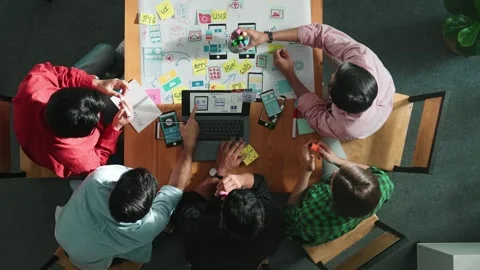 Top view of skilled manager using laptop working on Ux Ui design. Convocation. Stock Footage 271614044