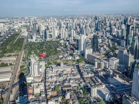The top of view on skyscraper tower, pan camera panorama view cityscape. Stock Footage 81003273