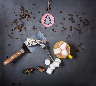Top View. Slice of delicious cake and coffee. Stock Photos