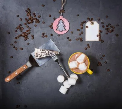 Top View. Slice of delicious cake and coffee. Stock-Fotos