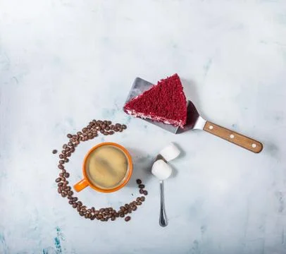 Top View. slice of delicious Red velvet cake. Stock Photos