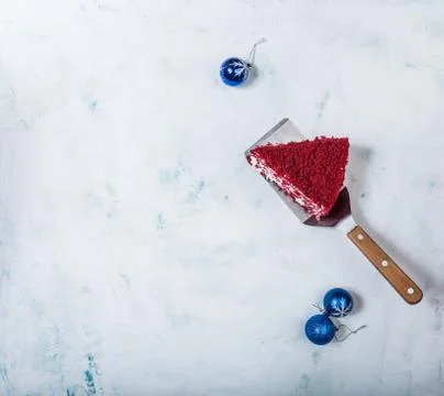 Top View. slice of delicious Red velvet cake. 스톡 사진