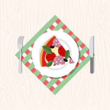 Top view of a slice of pizza on a plate. Cutlery: knife and fork. Vector illu Stock Illustration