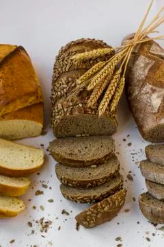Top view of sliced of cereal bread on white background Stock Photos