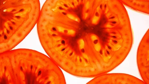Top view of sliced fresh red tomato, love apple, in flat lay close up Stock Footage 86430483