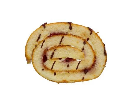 Top view sliced roll cake with chocolate and strawberry flavor isolated on white Stock Photos