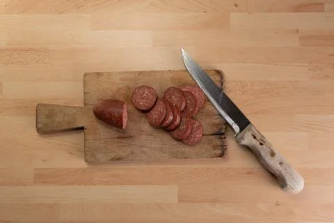 Top View Sliced Sausages Bacon Sucuk Knife Chopping Board Stock Photos