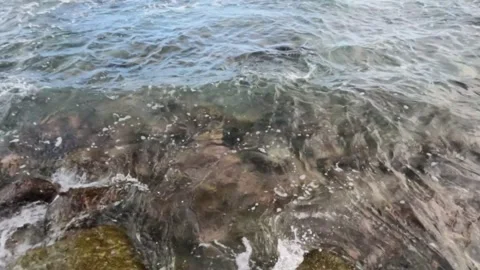Top view slow motion rocky beach with clear water Stock-Footage 319875256